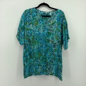 SIGNIFICANCE Women's M Blue Green Abstract Print Short Sleeve Top Tunic Made USA